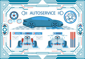 Car service. Interface in a frame on a white background. Diagnostic leveling wheels. Check springs. Parameters of the car. illustration