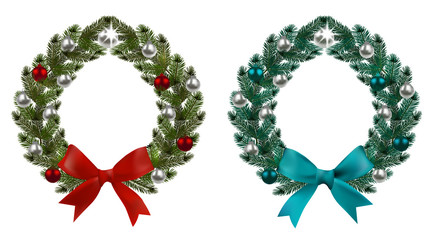 Christmas, New Year. Green branches of spruce in the form of two Christmas wreaths with balls and bows. On a white background. illustration