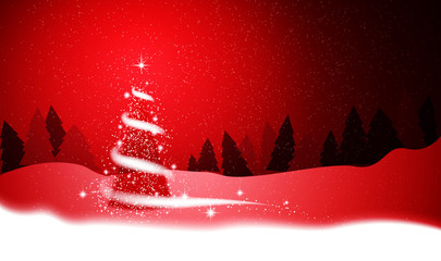 Christmas tree, blizzard, stars, snow,  sky, night, red background for New Year project.