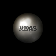 Vector abstract silver ball with Xmas hand drawn text. 3D sphere. Round balloon. Bauble isolated on black background. Christmas ornament, logo, xmas decoration.