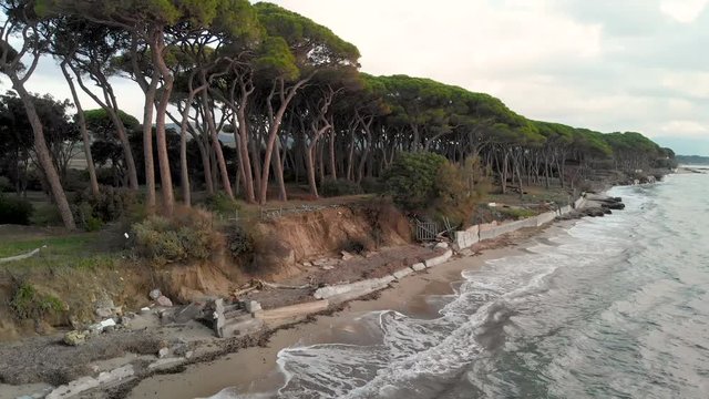 Aerial view of Torre Mozza Beach after a winter storm, Tuscany, Italy
