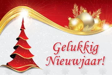 Foto auf Alu-Dibond Corporate red and white greeting card for the New Year celebration. The message is written in Dutch. Text translation: Happy New Year!  © CTRLH