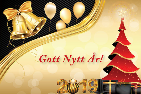 Corporate red and white greeting card for the New Year celebration. The message is written in Swedish. Text translation: Happy New Year! 