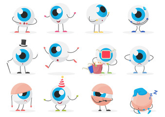 Cartoon cute funny eye ball emoticon character emotions poses set.