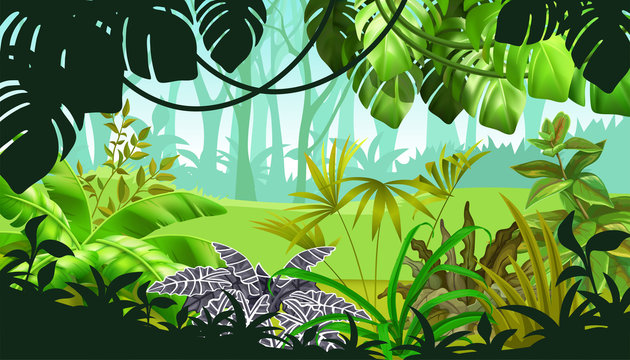 Background jungle with palm trees and lianas. Landscape with tropical exotic plants. Vector illustration.