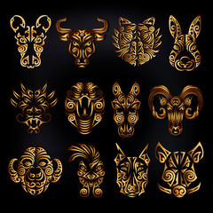 Chinese zodiac signs set. Rat, ox bull, tiger, rabbit, dragon, snake, horse, ram, monkey, rooster, dog, boar heads stylized Maori face tattoo. Vector illustration