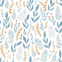 Light blue seamless pattern with  herbs and flowers. Romantic floral background. Fabric design. Vector illustration.