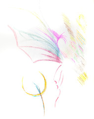 Abstract drawing of butterfly and dandelion. Colour pencils