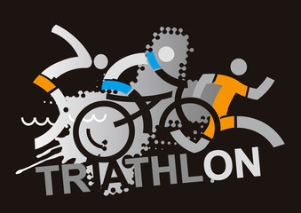 Triathlon Racers, abstract stylized. 
Three triathlon abstract stylized athletes on the black background with inscription TRIATHLON. Vector available. 