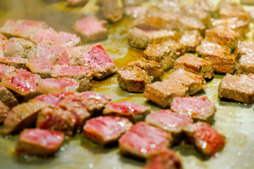 Kobe steak on the hot pan in Japan