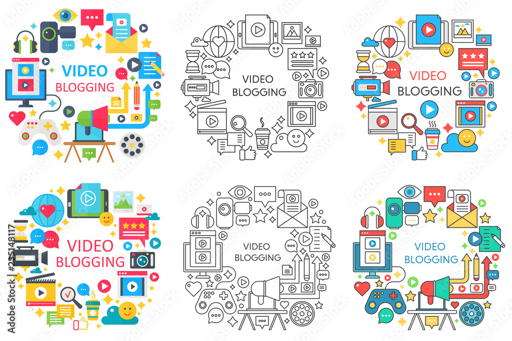 Aufkleber online video blog design lie, flat, flat line round concepts set with media blogger icons isolated.