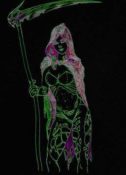 Girl with a scythe of death and the skull of an elf. Beautiful body in tattoos of a girl in a raincoat. Green contour on a black background.