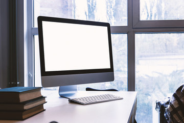 Monitor on table, blank screen, mockup