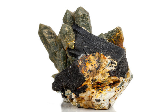 Macro mineral stone Quartz Hedenbergite Prase on ilvite on a white background