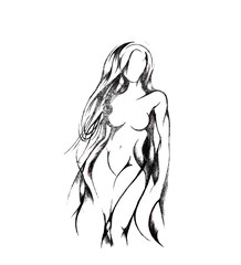 Silhouette of a beautiful naked girl with long hair, wide hips and beautiful tits. Drawing with black pencil on white paper.
