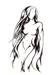 Silhouette of a beautiful naked girl with long hair, wide hips and beautiful tits. Drawing with black pencil on white paper.