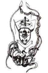 Symbol divers deepwaters. Squid holding an anchor in the tentacles.