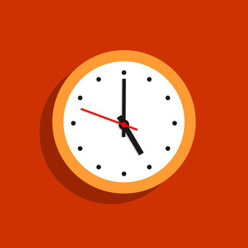 Yellow clock hanging on a wall. Vector illustration in flat style.