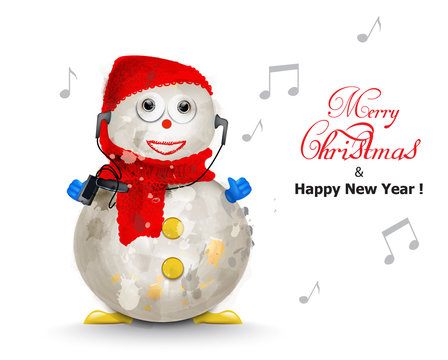 Merry Christmas cute snowman listening to music Vector watercolor. Holiday card. Colorful red hat and scarfs