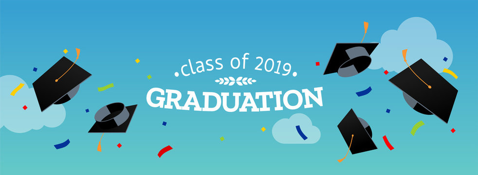 Black graduate caps and confetti on a against the sky. Vector illustration. Congratulation graduates 2019 class of graduations. Background for banners, invitation card and greeting.