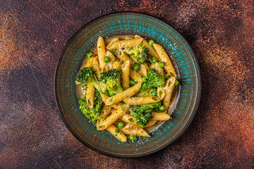 Pasta with broccoli, green peas, garlic, cheese.