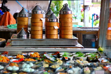 Chainess local dimsum in southern Thailand are steaming in bamboo basket