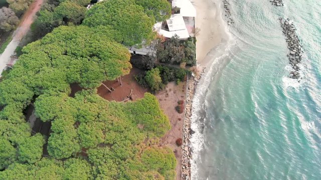 Overhead aerial view of Tuscany Beach after a winter storm, Italy