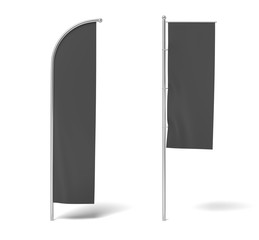 3d rendering of two monochrome black flags hanging on posts on a white background.