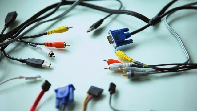 Different wire connectors for personal computer tangling together, stop motion