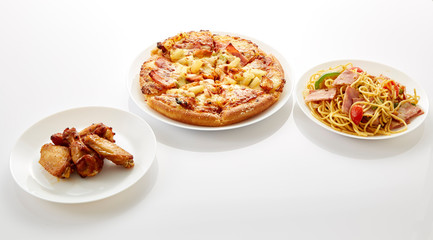 Pizza and fried chickens And spaghetti