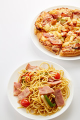 Pizza and fried chickens And spaghetti