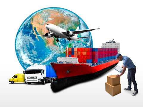 Delivery man with world wide cargo transport concept. Elements of this image are furnished by NASA