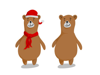 cute adorable bears wearing a Santa red hat and a scarf isolated on white background.