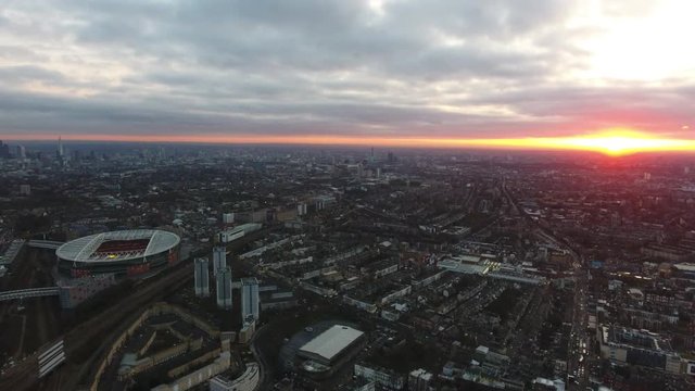 Stadium in Finsbury neighbourhood London sunset aerial drone shot