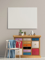 Modern interior with dresser. Poster mock up. 3d illustration.