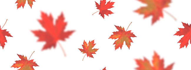 Seamless pattern with bright orange red blurred falling maple leaves isolated on white background. Seasonal banner, cover, wallpaper or holiday vintage decor. Realistic Vector illustration