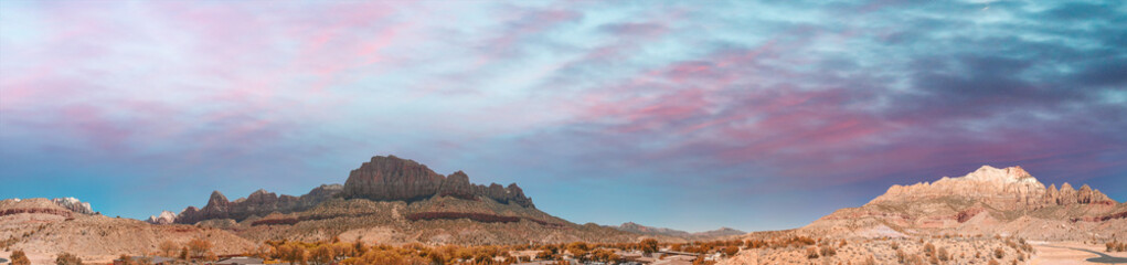 Zion National Park aerial view at sunset, Utah