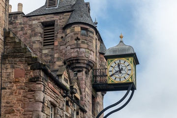 Canongate Tolbooth with clock along Royal Mile in Edinburgh, Scotland