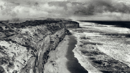 Aerial view of Twelve Apostles in black and white
