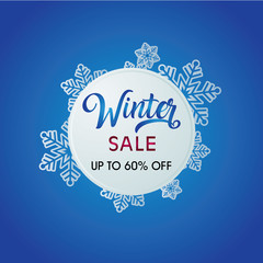 Winter sale circle banner with leaf and blue background