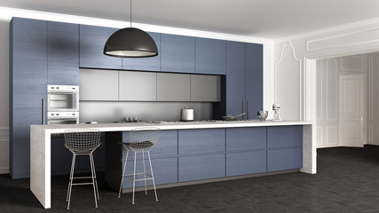 Blue wooden modern minimal kitchen with island, appliances and big pendant lamp in classic apartment with stucco walls and parquet floor, contemporary architecture interior design