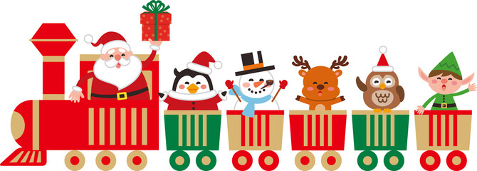 おもちゃの汽車に乗ったかわいいクリスマスのキャラクター。ベクター素材