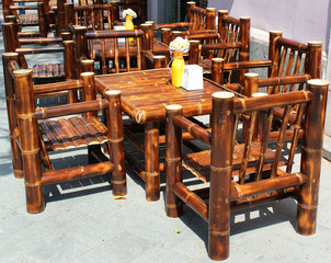 Bamboo furniture at a sidewalk cafe, Kutaisi, Georgia
