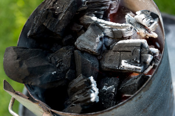 Burning charcoal in barbecue chimney