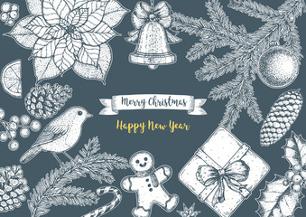 Christmas greeting card. Hand drawn sketch. Vector illustration. Christmas invitation design template. Sketch collection.