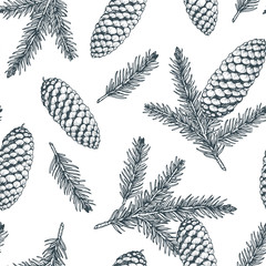 Spruce cones and spruce branches seamless pattern. Christmas hand drawn background.