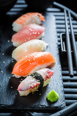 Closeup of Nigiri sushi made of salmon and rice © shaiith