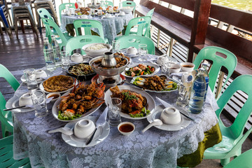 seafood lunch with prawns, fish and squid