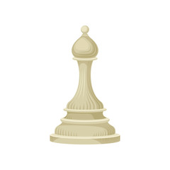 Light beige chess piece - bishop elephant . Small wooden figure. Strategic board game. Flat vector icon