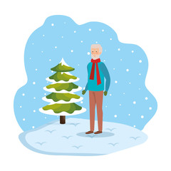 grandfather with christmas clothes in snowscape